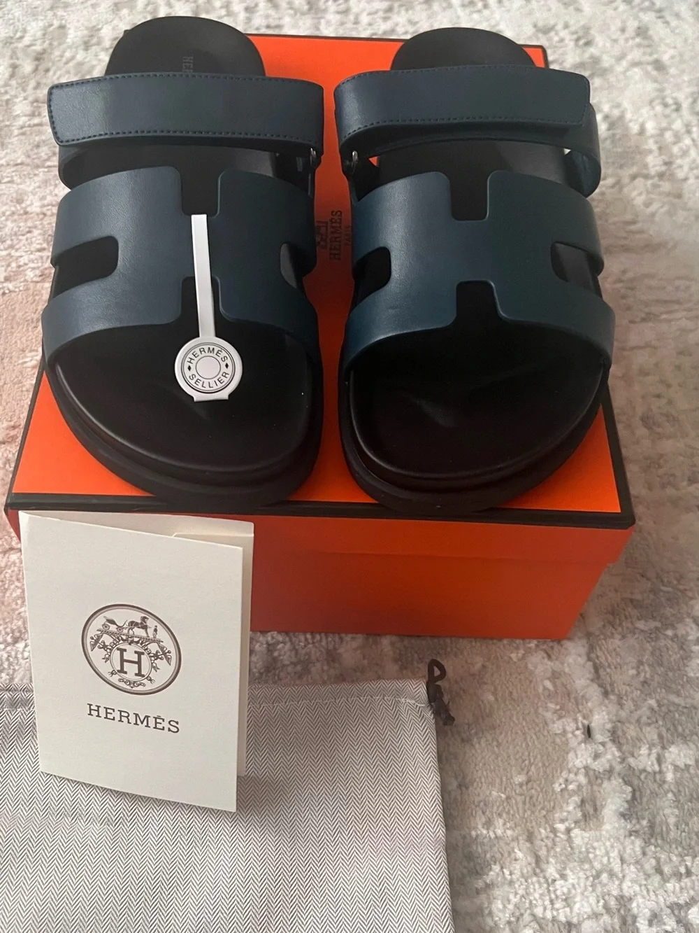 Hermes Men’s Black Oran Slide Sandals with Silver Accent